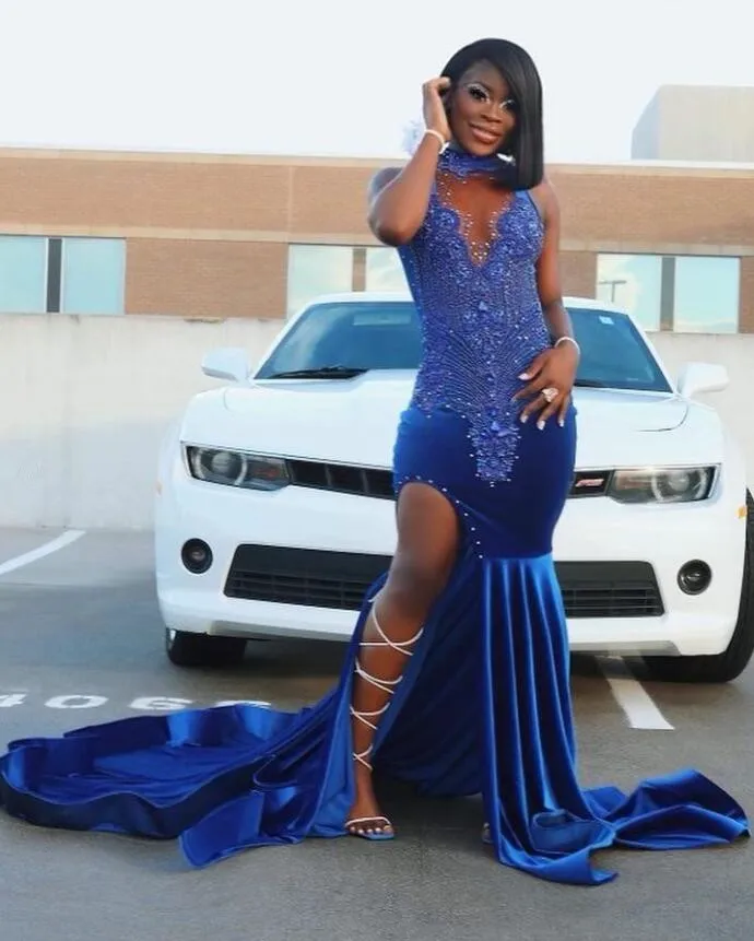 King Blue African Prom Dress for Women Sparkly Crystal Beaded Slit Velvet Black Girl Birthday Celebrity Queen Gown Gala