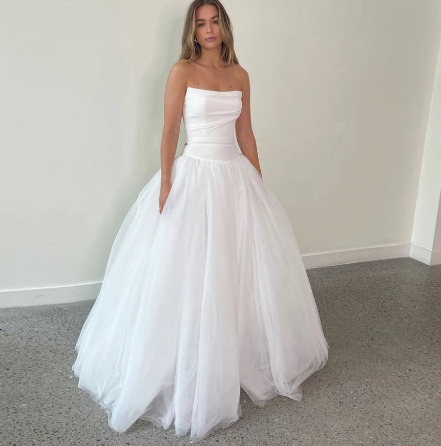 Elegant Tulle A Line Wedding Dresses For Woman 2024 Strapless Sleeveless Bridal Bride Robe Dress Gowns Vestidos De Novia