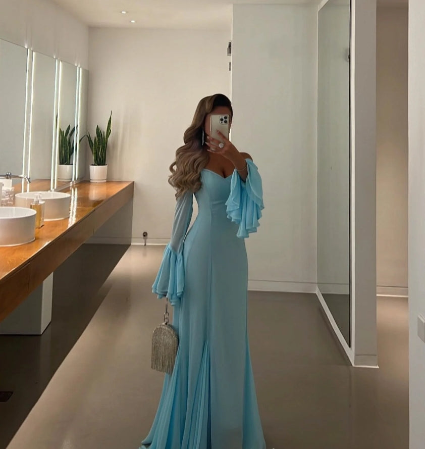 Blue Chiffon Mermaid Evening Dresses Off Shoulder Formal Occasion Gown Halter Prom Dress Evening Gowns 2024 Floor Length