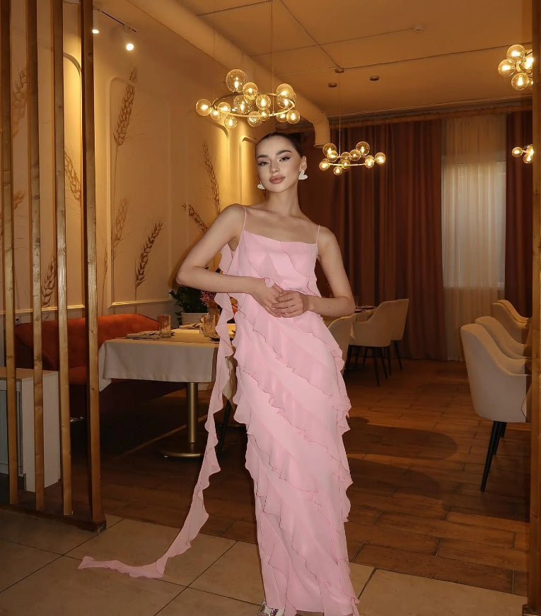 Formal Ruffled Evening Dresses Spaghetti Strap Prom Dress Sexy Beach Dress Long Saudi Arabia Women dresses for formal occasions