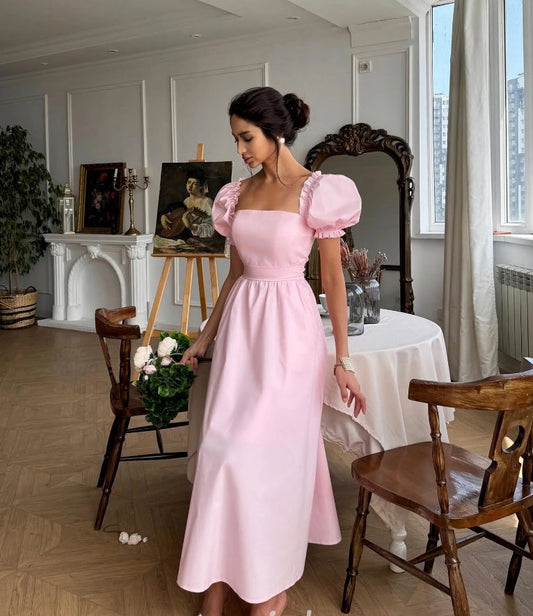 Pink Prom Dresses Princeces French Square Collar Homecoming Party Dress A Line Satin Evening Bride Vestidos De Gala