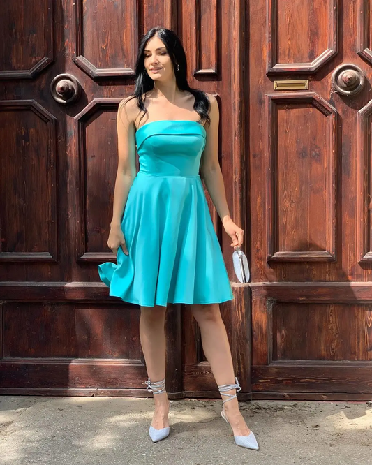 Simple Satin Strapless A-line Evening Dresses Lake Blue Backless Sleeveless Party Dress Elegant Summer Fashion Mini Prom Gowns