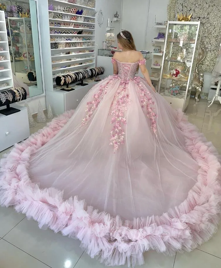 Sparkly Pink Princess Quinceanera Dresses Off Shoulder Luxury Crystal 3D Floral Applique vestidos 15 quinceañera 2024