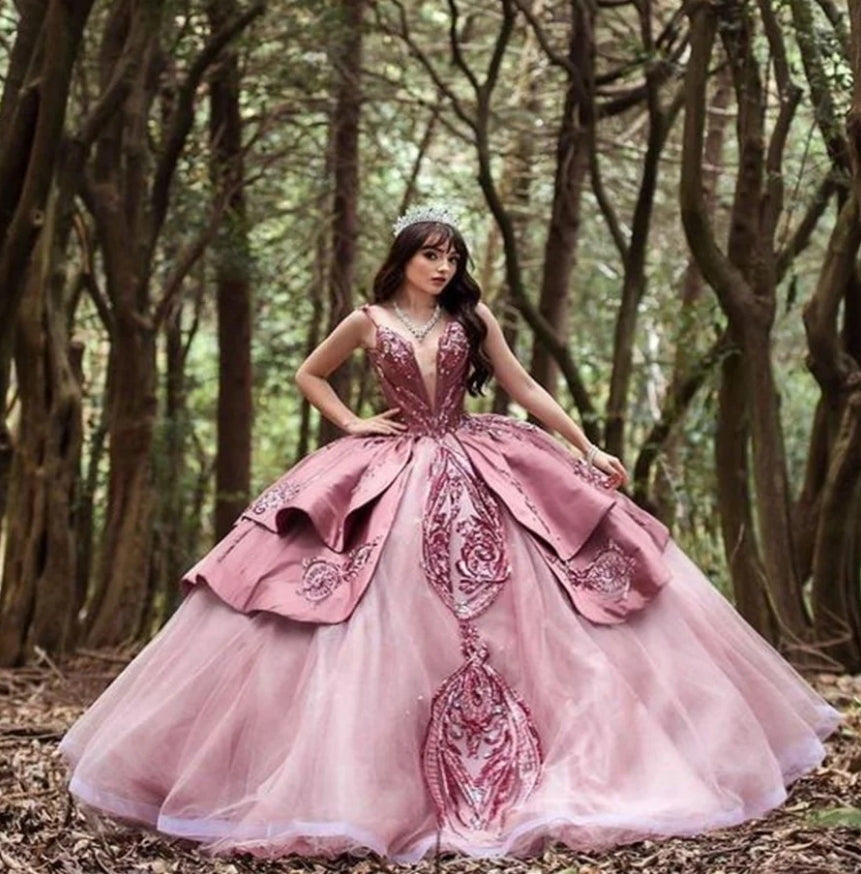 Luxury Pink Vestidos De 15 Quinceañera Dress 2024 Princess Sequin Ball Gown Sweet 15 Birthday Dress Glitter Xv Charro Prom Gowns