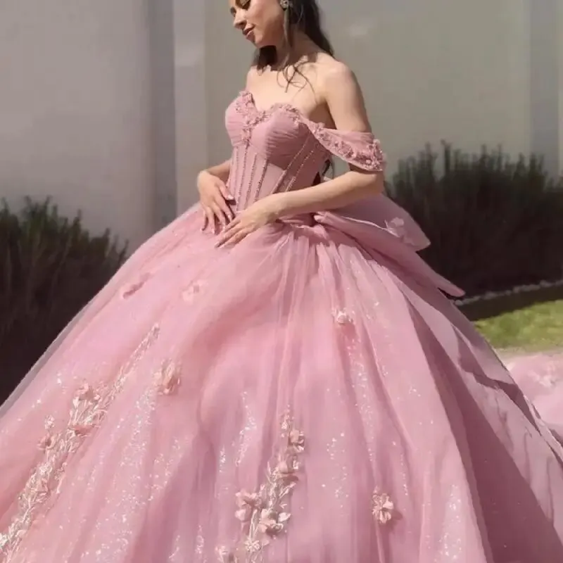 Pink Long Train Quinceanera Dress 2024 Off Shoulder Birthday Party Ball Gown Sweet 15 16 Vestidos De 15 Años Quinceañeras Miss