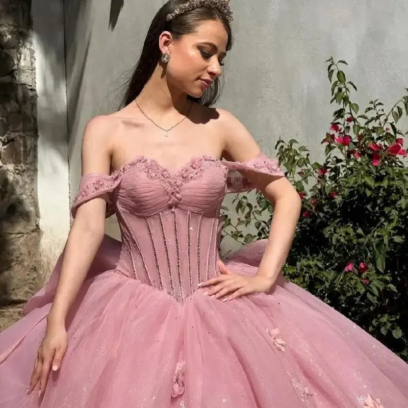 Pink Long Train Quinceanera Dress 2024 Off Shoulder Birthday Party Ball Gown Sweet 15 16 Vestidos De 15 Años Quinceañeras Miss