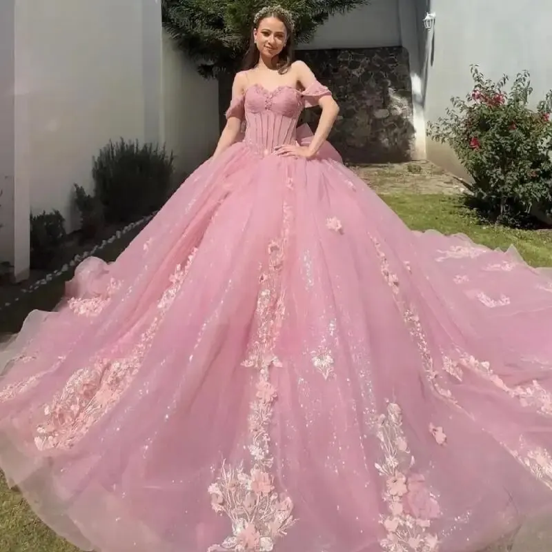 Pink Long Train Quinceanera Dress 2024 Off Shoulder Birthday Party Ball Gown Sweet 15 16 Vestidos De 15 Años Quinceañeras Miss