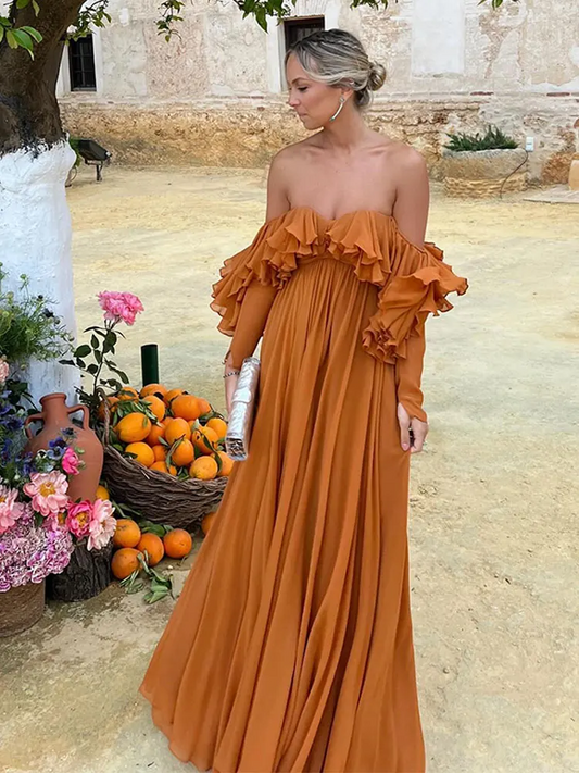 Summer Elegant Solid Ruffles Maxi Dress For Women Fashion Off Shoulder High Waist Chic Female Evening Party