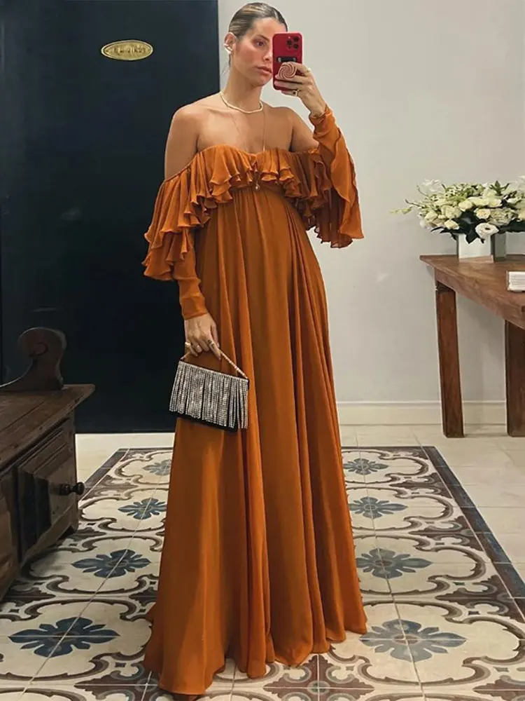 Summer Elegant Solid Ruffles Maxi Dress For Women Fashion Off Shoulder High Waist Robe 2024 Chic Female Evening Party Vestidos