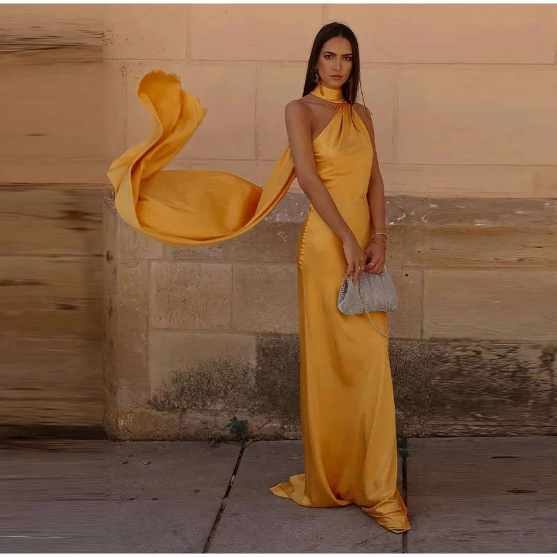 Women Sexy Backless Off Shoulder Bodycon Long Dress Elegant Yellow Satin Ribbon Sleeveless Robes 2024 New Summer Lady Party Gown