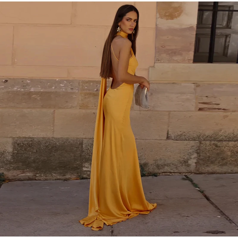 Women Sexy Backless Off Shoulder Bodycon Long Dress Elegant Yellow Satin Ribbon Sleeveless Robes 2024 New Summer Lady Party Gown