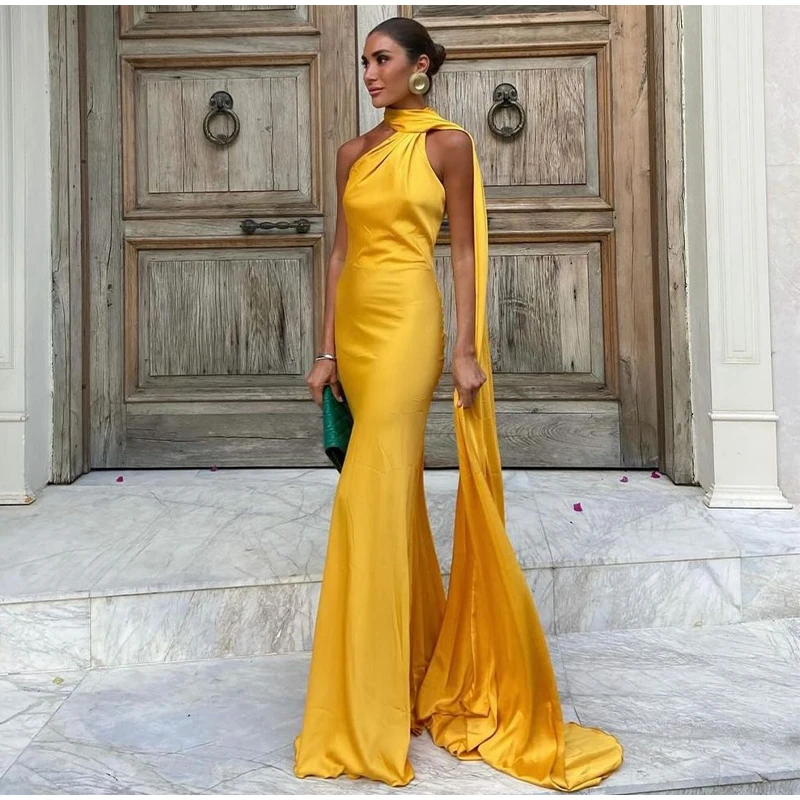 Women Sexy Backless Off Shoulder Bodycon Long Dress Elegant Yellow Satin Ribbon Sleeveless Robes 2024 New Summer Lady Party Gown