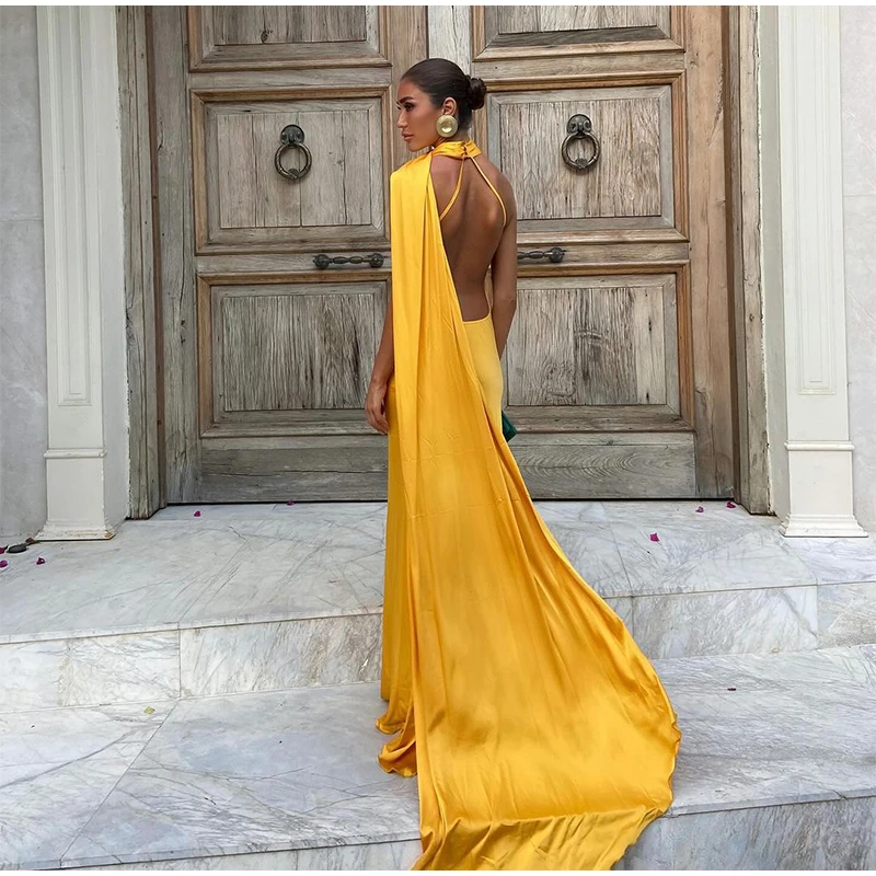 Women Sexy Backless Off Shoulder Bodycon Long Dress Elegant Yellow Satin Ribbon Sleeveless Robes 2024 New Summer Lady Party Gown