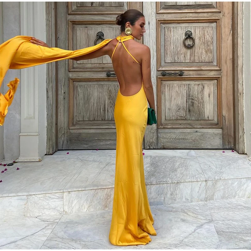 Women Sexy Backless Off Shoulder Bodycon Long Dress Elegant Yellow Satin Ribbon Sleeveless Robes 2024 New Summer Lady Party Gown