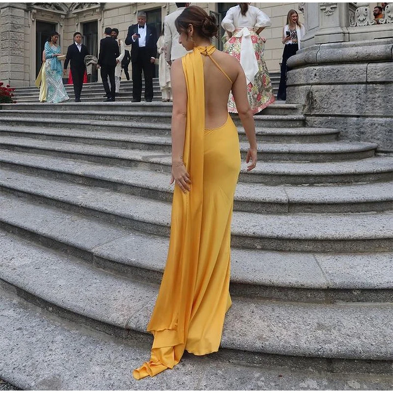 Women Sexy Backless Off Shoulder Bodycon Long Dress Elegant Yellow Satin Ribbon Sleeveless Robes 2024 New Summer Lady Party Gown