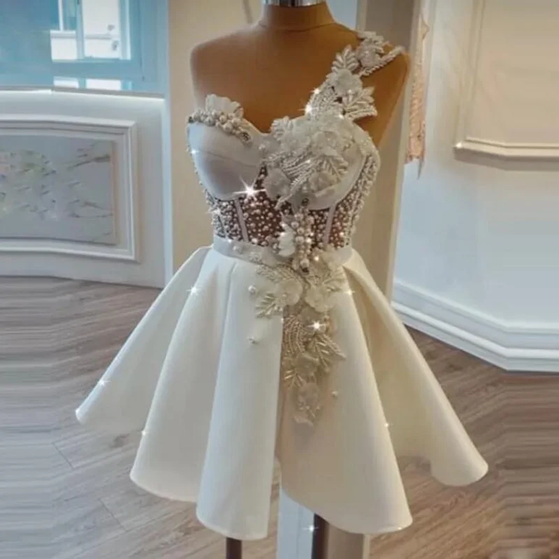 Newest Mini Party Dresses Women Beading Sleeveless Off The Shoulder Applique Pearls Party Dress A Line Ivory Short Prom Gowns