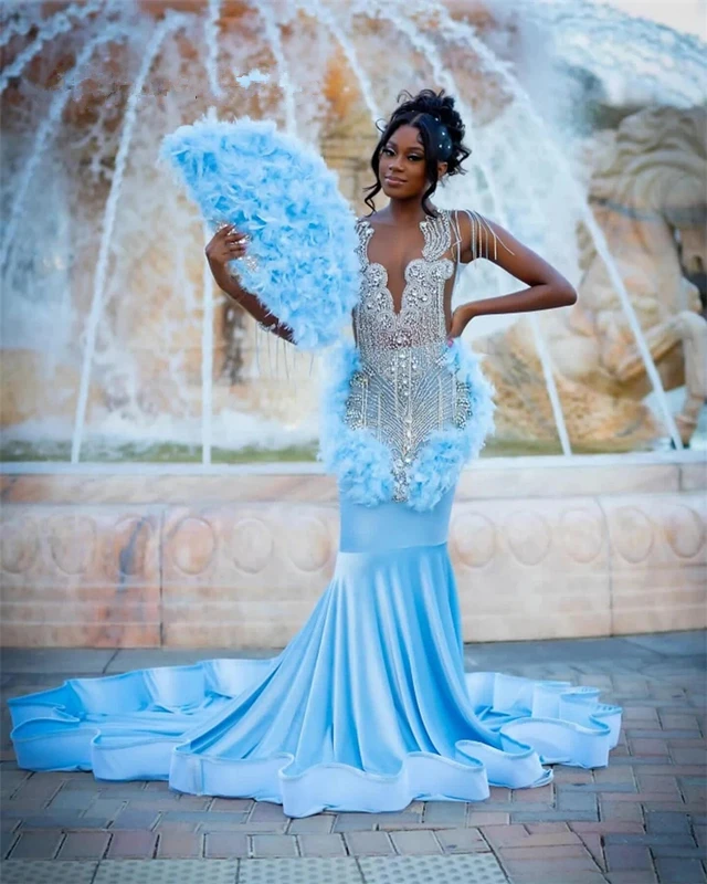 Elegant Blue Mermaid Prom Dress For Black Girls Velvet Feathers Rhinestone Princess Dresses Special Occasions Party Gowns