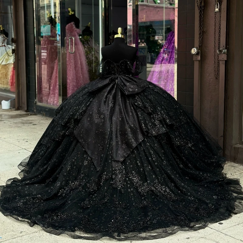 Luxury Black Shiny Quinceanera Dressess 2024 Off The Shoulder Ball Gowns Beads Bow Tull Sweet 16 Dress Vestidos De 15 Años