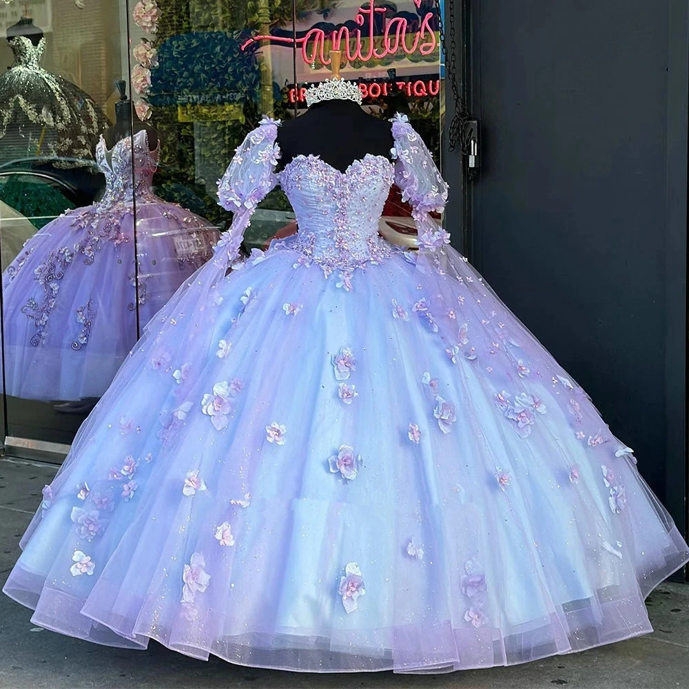 Glittering Lilac Quinceanera Dresses Floral Appliques with Bow Vestidos De 15 Anos Long Puffy Sleeves Party Prom