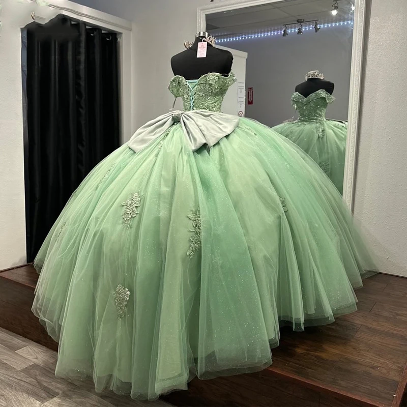 Luxury Sage Green Off The Shoulder Mexican Quinceanera Dressess Applique Lace Beads Tull Prom Lace Up vestido 15 quinceañeras