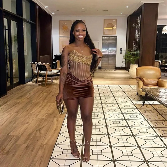 Brown Velvet Short Prom Dresses for Black Girls Charming Crystal Beaded Birthday Party Gowns Illusion Mini Cocktail Homecoming