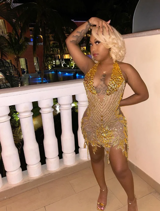 Luxury Gold Diamante Short Cocktail Dresses 2024 For Black Girls Sexy Glitter Beaded Crystal Birthday Party Celebrity Dresses