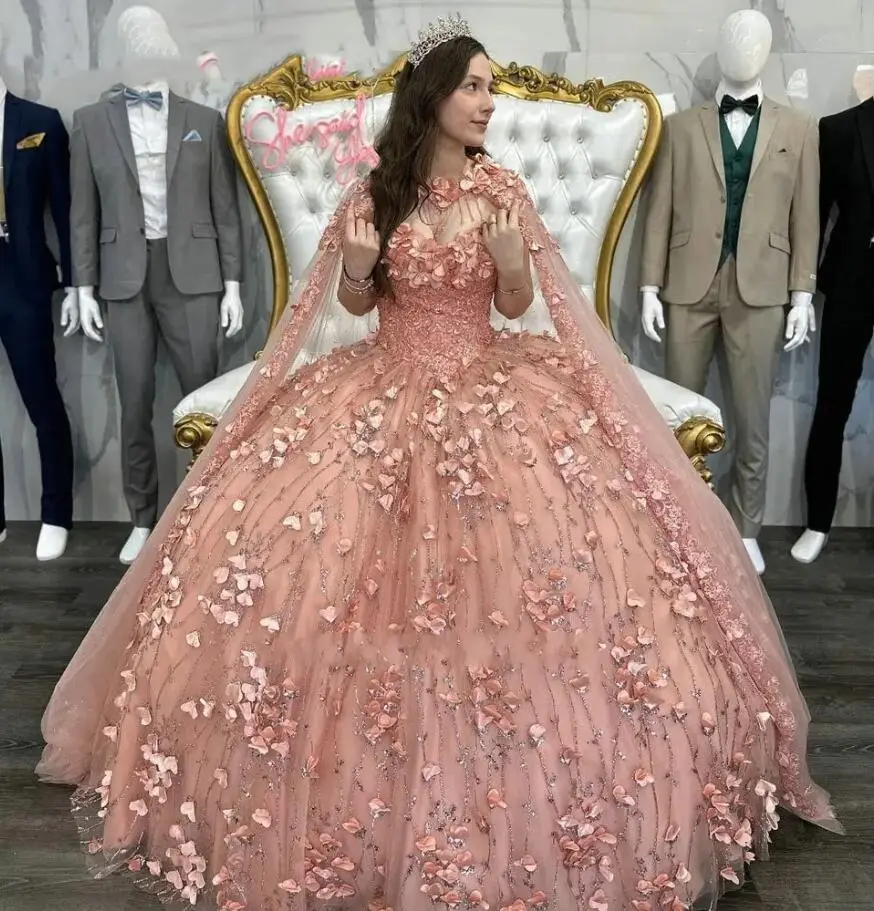 Rose Gold 3D Flowers Crystal Quinceanera Dress With Cape Appliques Beading Tassel Corset Vestidos De XV Anos sweet 15