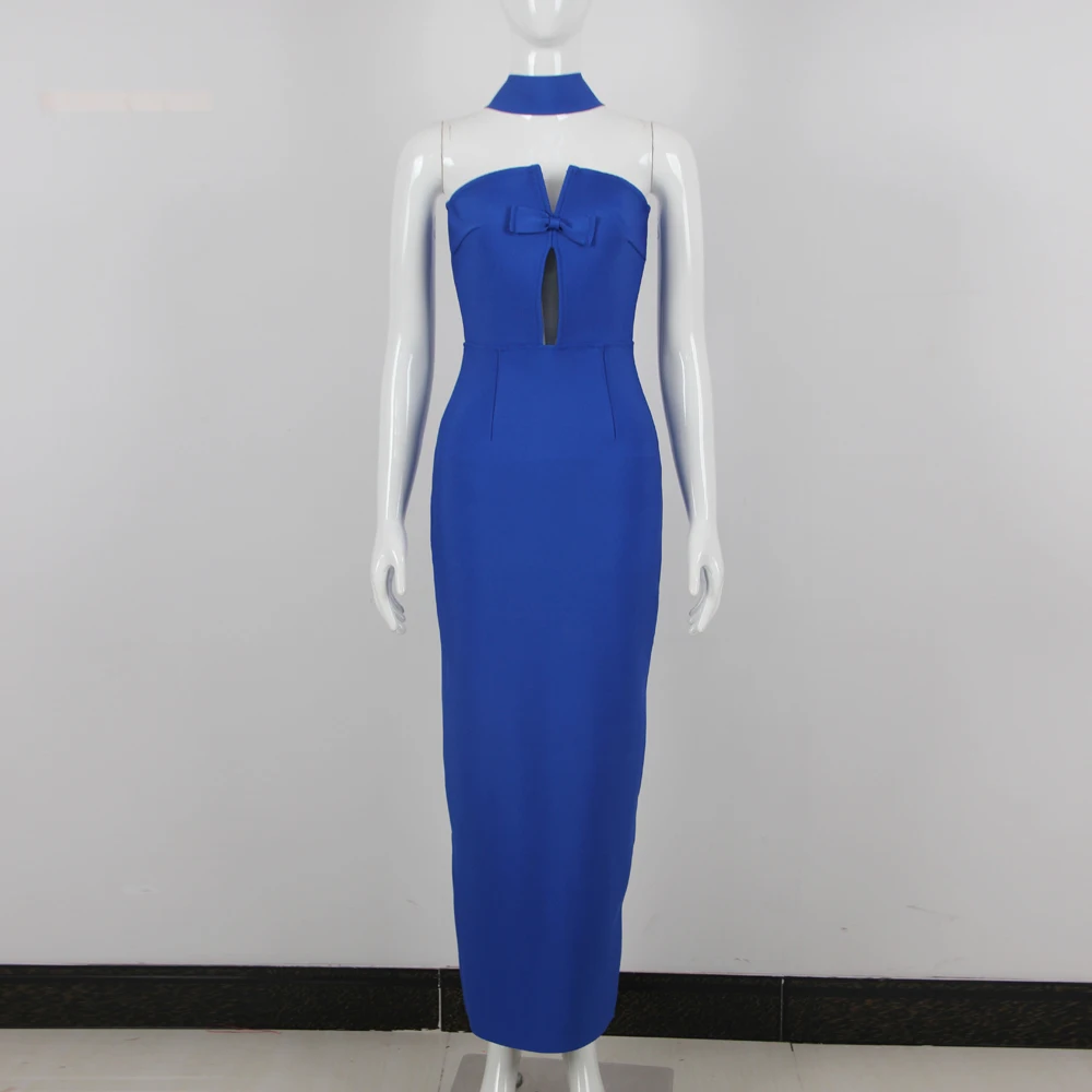 New Fashion Blue Bow Tie Halter Hollow Out Party Evening Dresses V Neck Strapless Bandage Dress