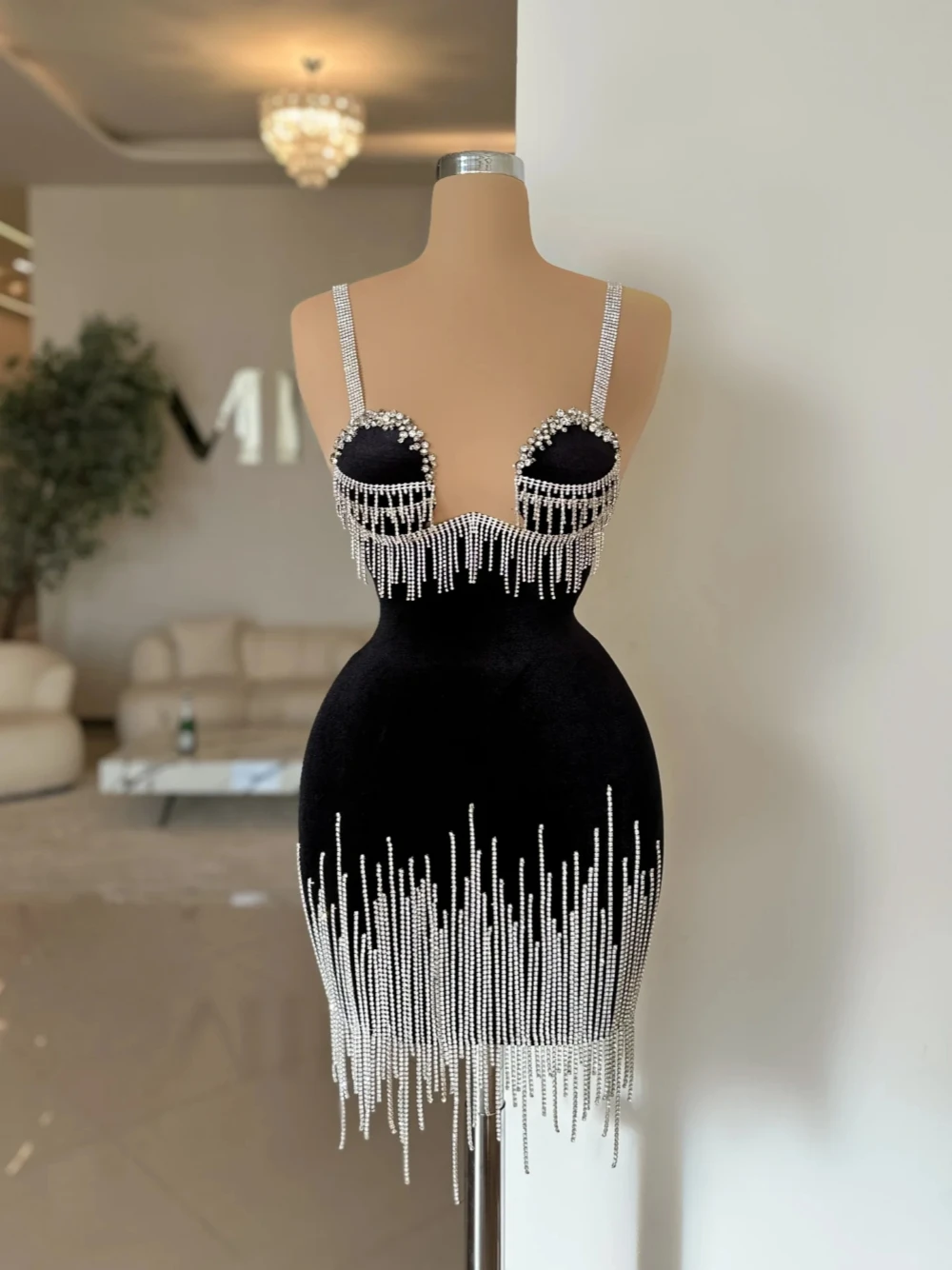 Black Velvet Evening Dress Party Birthday Crystals Tassel Bride Robe Mini Sheath Bridal Dresses