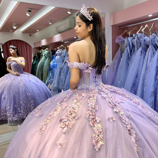 Mexican Lavender Quinceanera Dresses Ball Gown Beaded Lace Appliques Bow Sweet 16 Dress Princess Lace Up Vestido De 15 Anos