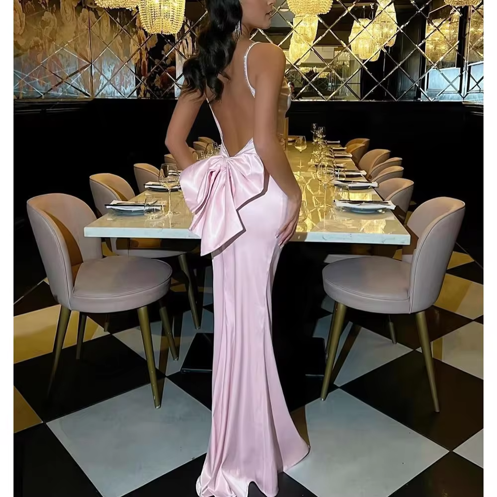 Pink Backless Bow Spaghetti Sleeveless Prom Dresses for Sexy Women Special Occasion Paert Luxury Evening Long Dress Formal Gown