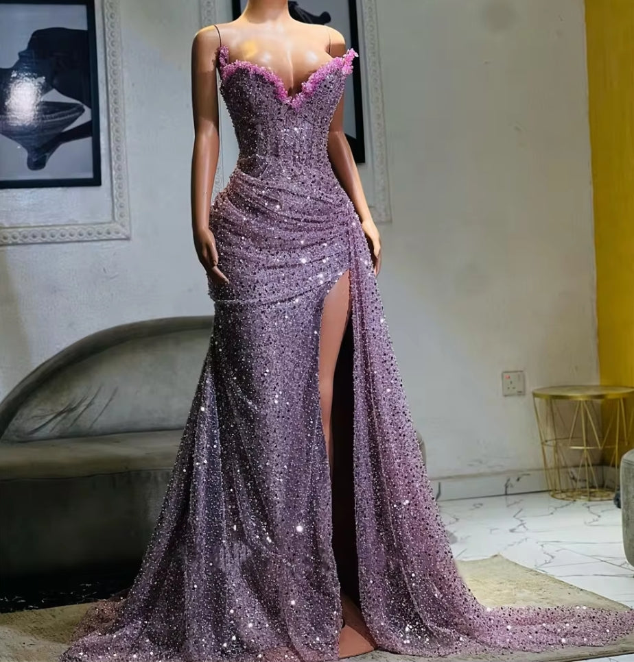 Light Purple Beaded Sweetheart High Split Aso Ebi Luxury Evening Dresses For Wedding 2024 Mermaid Prom Dresses Elegant Gowns