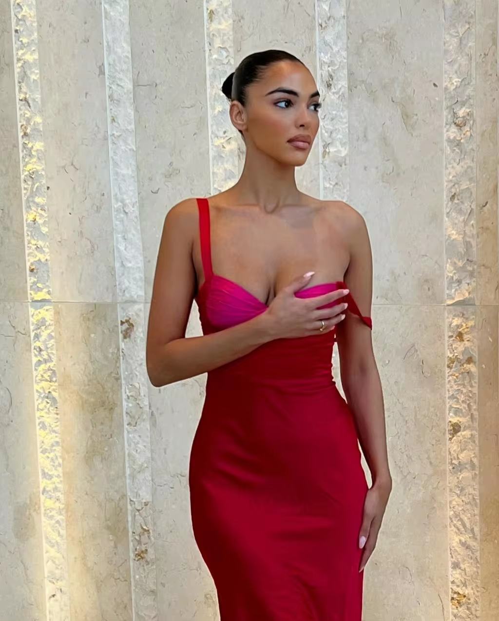 Elegant Bicolor Red & Hot Pink Prom Gown Ankle Length Women Clothing Straight Sleeveless Square Neck Evening Dresses