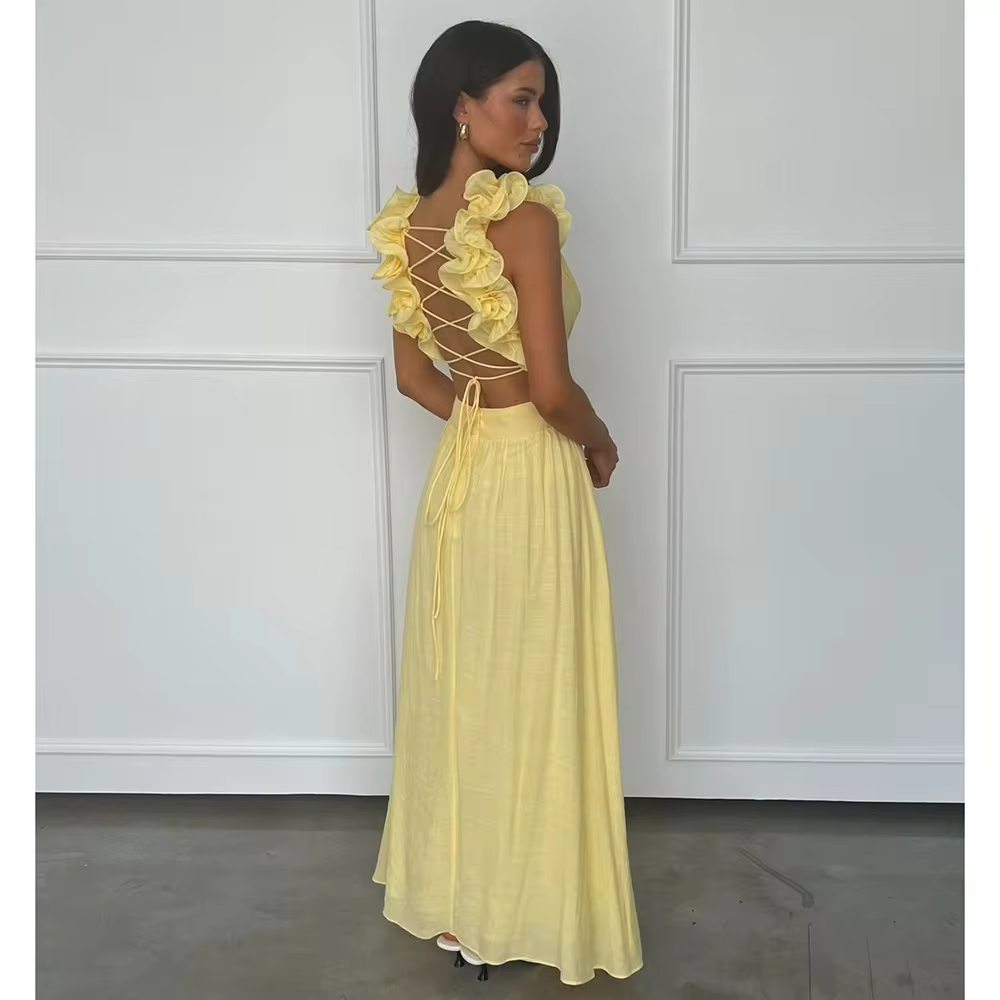 Summer Yellow Beach Prom Dress Sexy Backless Floor Length Sleeveless Straight Gown V-Neck Custom Luxury Long Evening Gown 2024