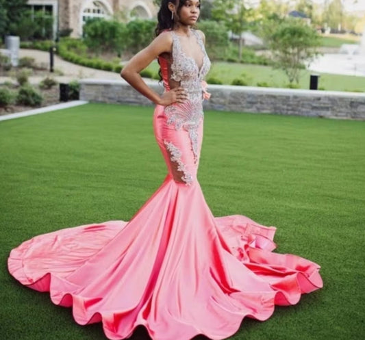 Sexy Pink Mermaid Long Prom Dress Luxury Silver Beaded For Black Girls Elegant Birthday Formal Party Gala Gowns