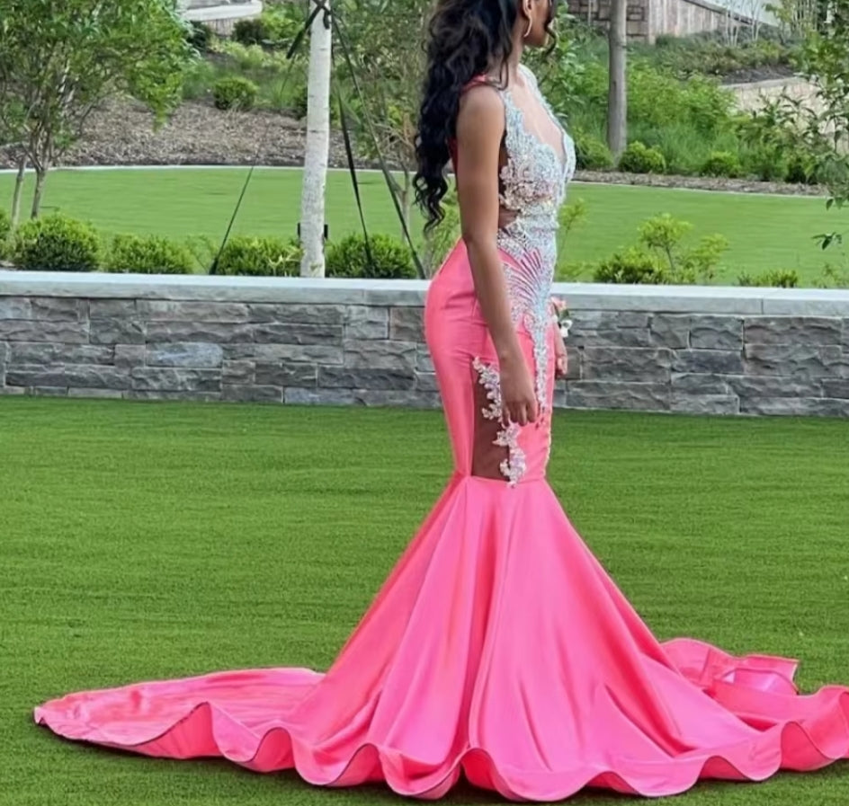 Sexy Pink Mermaid Long Prom Dress Luxury Silver Beaded For Black Girls Elegant Birthday Formal Party Gala Gowns