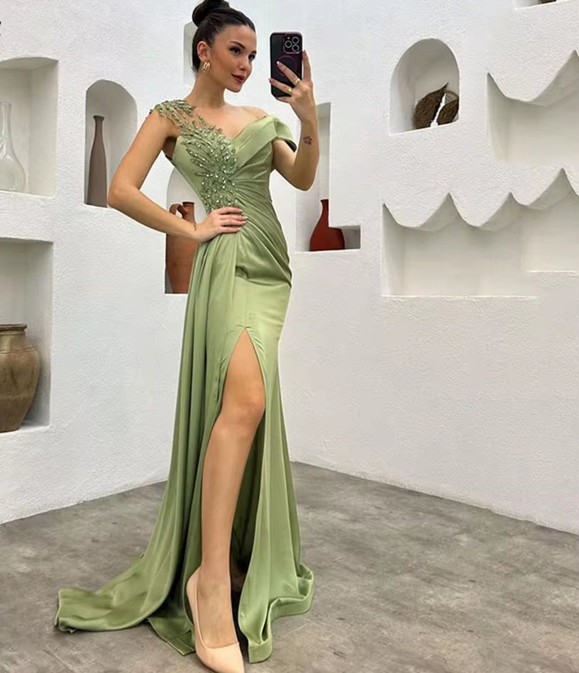 Side Split Elegant Sexy Wedding Party Dress Stain Beading Celebrity Dresses Trumpet Special Occasion Dresses robes du soir