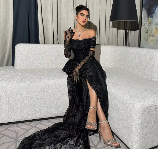 Elegant Lace Saudi Arabia Prom Dresses Strapless Off Shoulder Evening Gown Split Formal Occasion Dress with Gloves