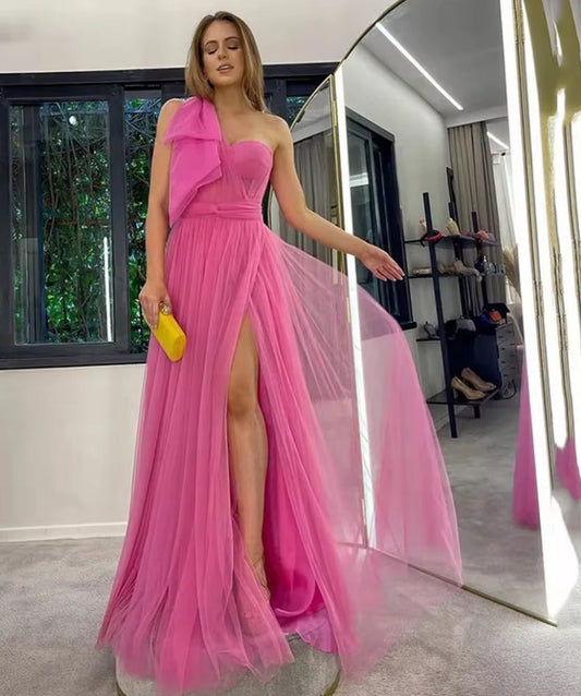 Pink Net Elegant Sexy Wedding Party Dress One Shoulder Celebrity Dresses Side Split Special Occasion Dresses robes du soir