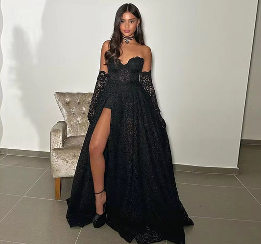 Sexy Lace Prom Dresses Sweetheart Black Mermaid Dress Party Evening Elegant Luxury Celebrity High Slit Dress Party Night