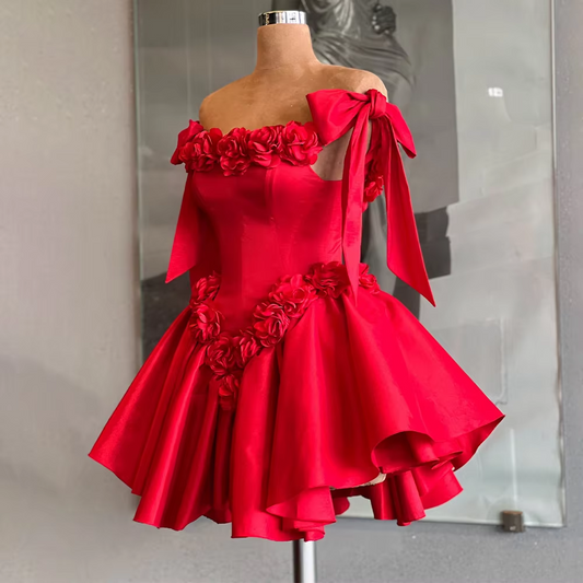 Red Cocktail Dresses Mini 3D Flowers Off the Shoulder Short Evening Party Gown for Woman Ruched Backless Lace Up Homecoming Gown