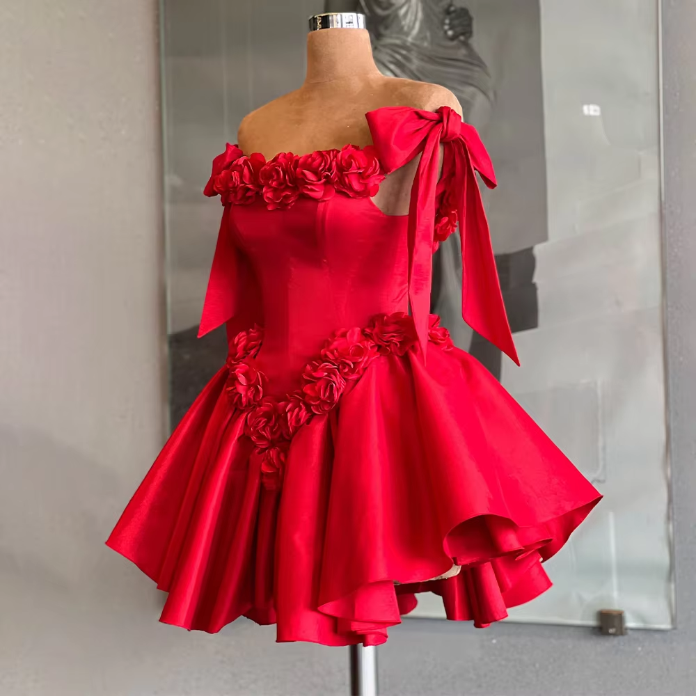 Red Cocktail Dresses Mini 3D Flowers Off the Shoulder Short Evening Party Gown for Woman Ruched Backless Lace Up Homecoming Gown