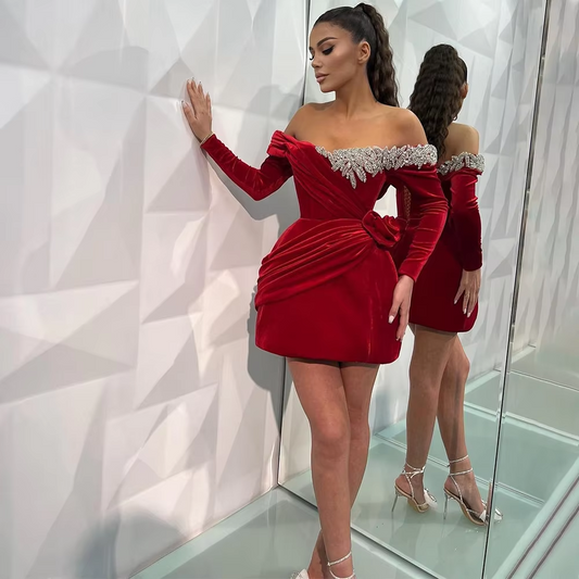 Red Velvet Cocktail Dress Mini Off the Shoulder Long Sleeves Gown Short Sparkle Crystal A Line Sexy Birthday Party