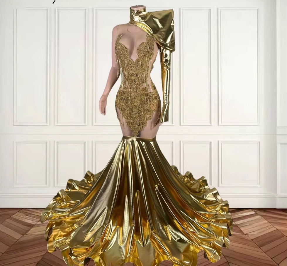 Gold High Neck Long Prom Dresses For Black Girls Bead Crystal Evening Dress Tassel 2024 Birthday Luxury Dresses With One Sleeve