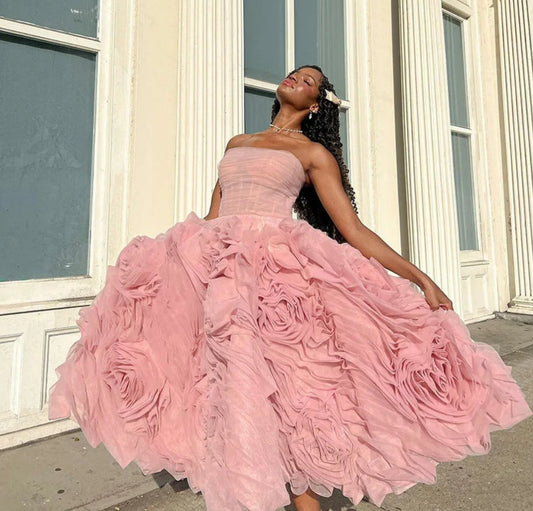 Pink A-Line Prom Dresses Elegant Flowers Tulle Tiered Evening Dress For Women Special Occasion Gown Vestidos De Novia