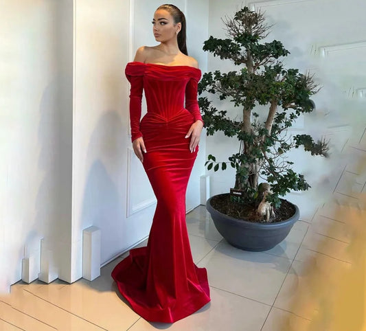 Red Simple Prom Dress Off the Shoulder Full Sleeves Prom Evening Dress Pleat вечерние платья Mermaid Party Dress Customized