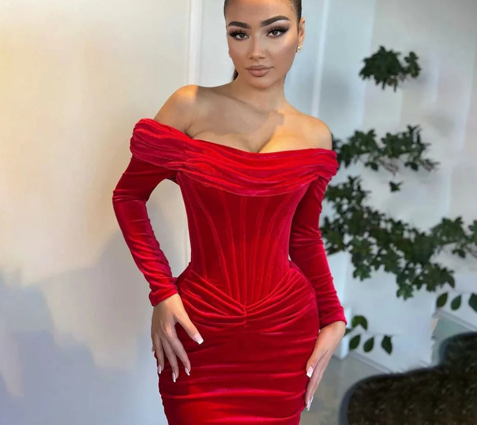 Red Simple Prom Dress Off the Shoulder Full Sleeves Prom Evening Dress Pleat вечерние платья Mermaid Party Dress Customized