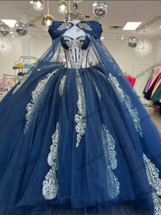 Navy Blue Quinceanera Dresses Gold Applique With Cape Ball Gown Princess Birthday Party Sweet 16