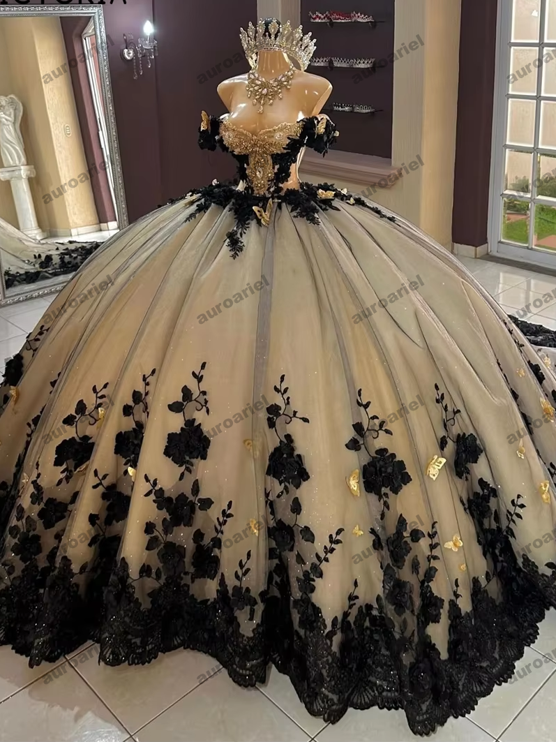 Black Floral Applique Quinceanera Dresses Gold Butterfly Beaded Crystal Ball Gown