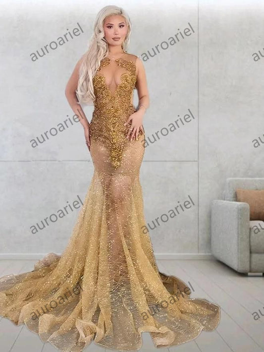 Gold Prom Dresses For Women Sheer Beading Crystal Mermaid Party Gowns